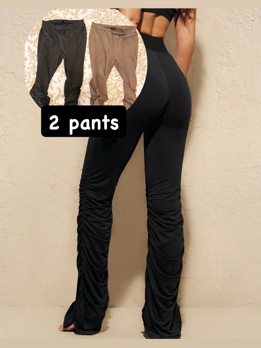 SHEIN Black Ruched High-Waist Flare Pants